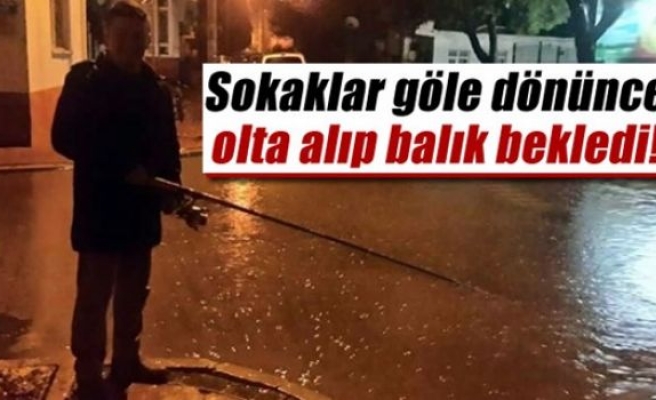 Göle dönen yolda olta atıp balık bekledi