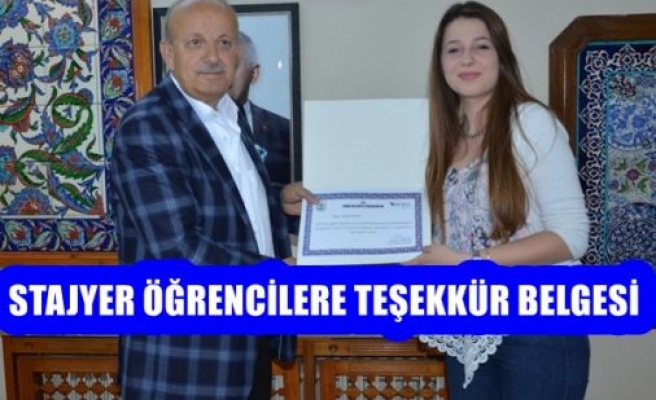 İznik Belediyesi'nden Stajyer Öğrencilere Teşekkür Belgesi