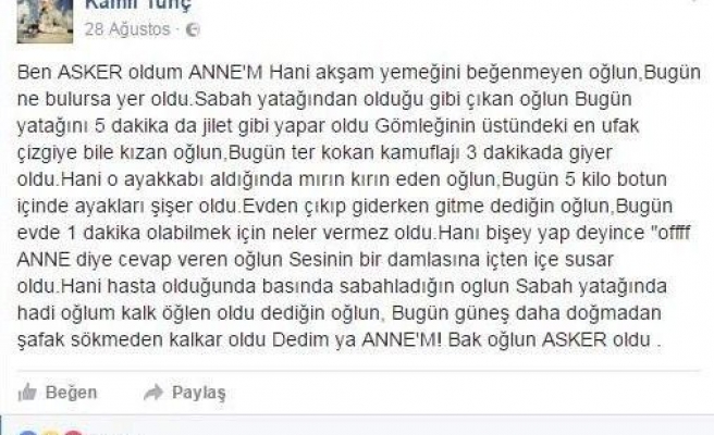 Şehit Tunç’tan annesine özlem dolu paylaşım